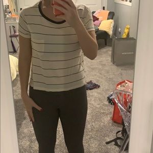 striped cream and black tee